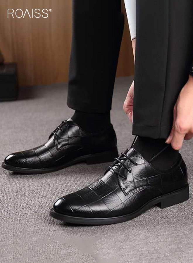 roaiss Men's Pointed Toe Leather Shoes Lace-Up Dress Shoes Formal Style Daily Comfort Breathable Durable for Business Casual Wear and Perfectly Suited for Weddings and Special Occasions Black Plaid Shoes - Image 2